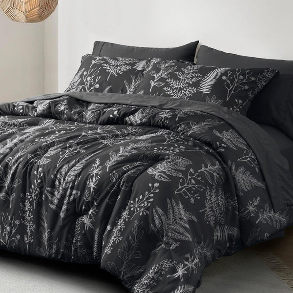 PHF 3/7 counts/set Comforter Set, Reversible Botanical Bedding Set Include Comforter, Pillow Shams, Flat Sheet, Fitted Sheet and Pillowcases, Gifts